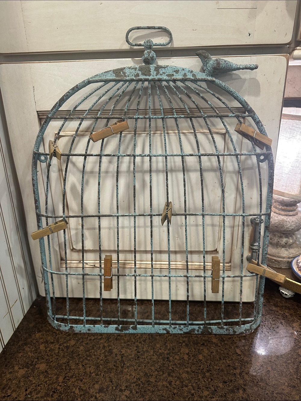 Decorative Distressed Turquoise Birdcage Wall Accent